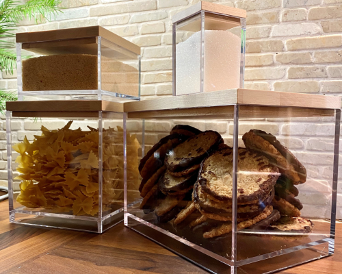 Clear boxes XL_L_M and S with wooden lids Clear boxes XL_L_M and S with wooden lids